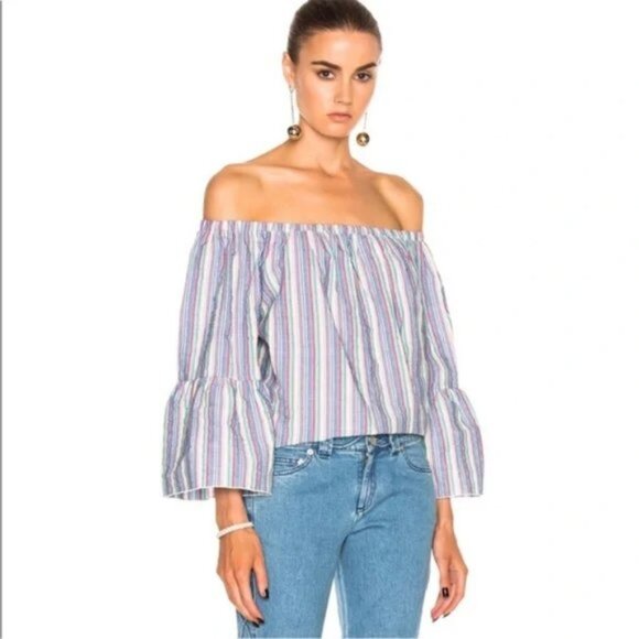 See by Chloe Off the Shoulder Multi Striped Seersucker Top Blouse size 38 M - Picture 1 of 16